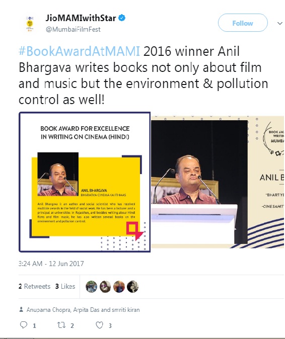 Book Award At MAMI 2016 winner Anil Bhargava writes book Bharatiya Cinema ka Itihaas